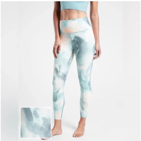 Athleta Elation Printed 7/8 Tights Marine Minimalist Marble Green/Peach - Picture 3 of 9